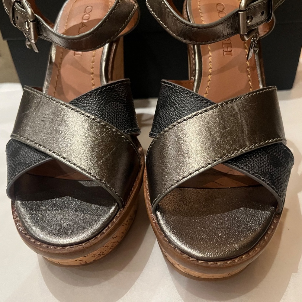 Coach Cross Band High Wedge Sandal Charcoal Gunmetal Size 6.5 - Picture 10 of 12